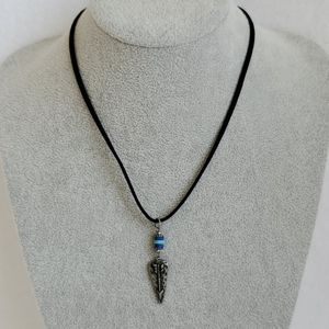 Mens arrowhead charm with blue beads black suede necklace